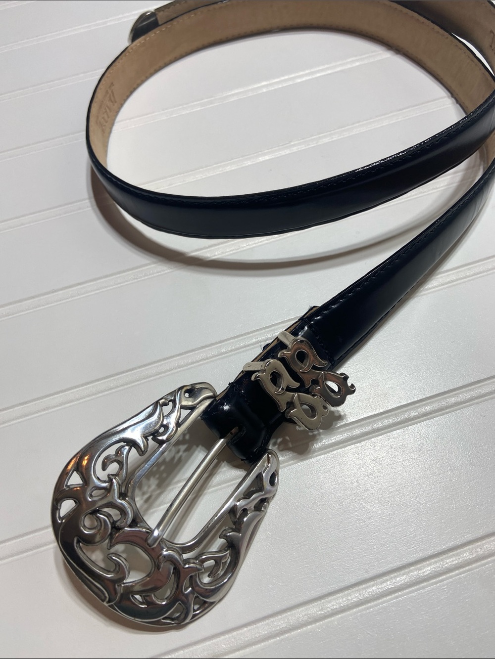 VTG Barse Santa Rosa Black Leather Belt Womans XL Ornate Silver Buckle 1997